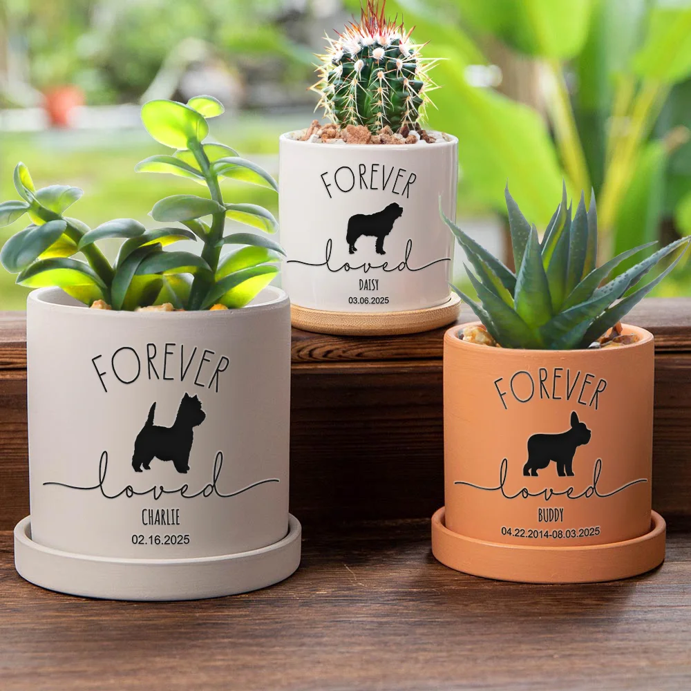 Dog Cat Pet Line Design Ceramic Succulent Planter Pot with Name and Bamboo Tray Loss of Pet Memorial Gift for Pet Owner