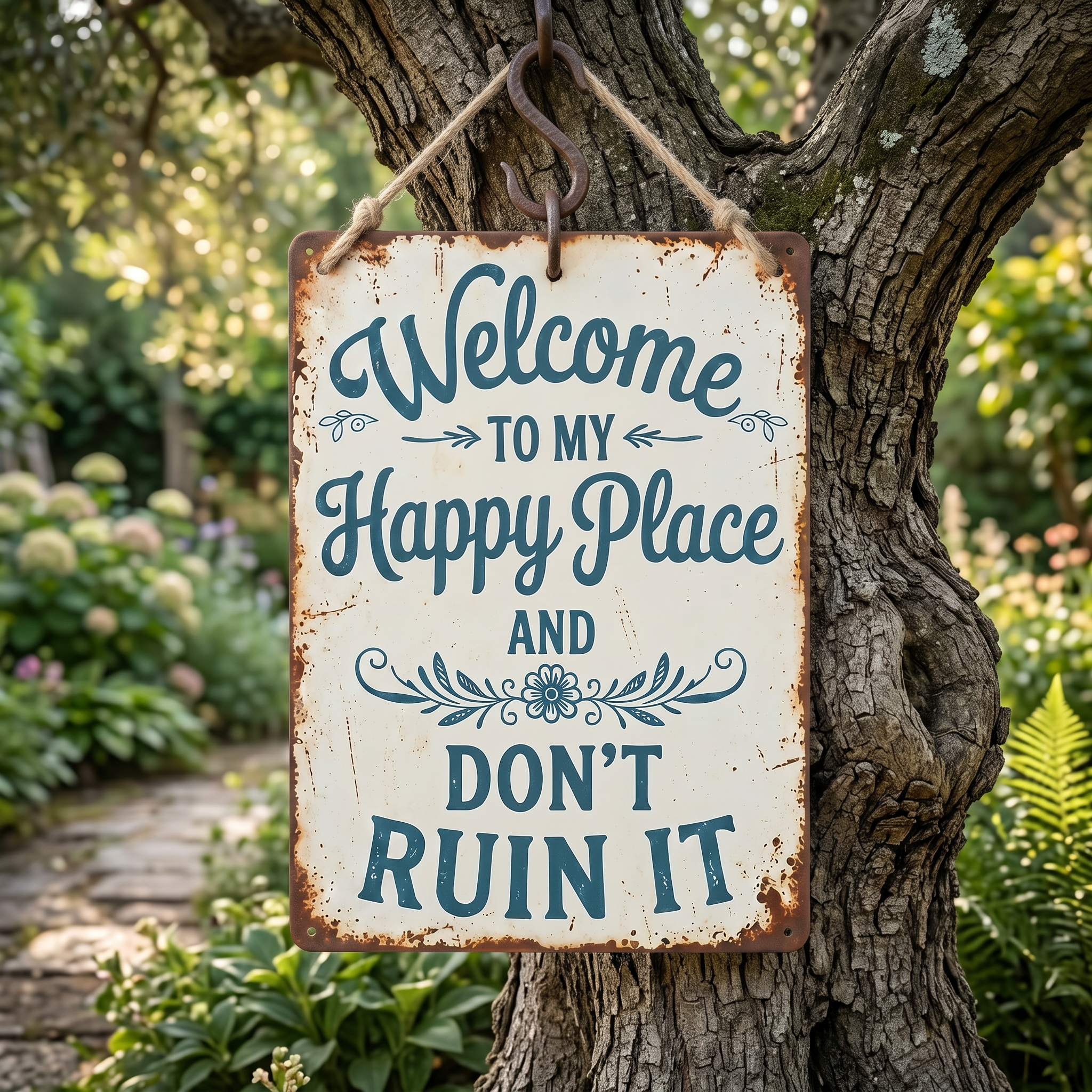 Welcome to My Happy Place Metal Sign - Rustic Home Décor - Funny Welcome Sign 