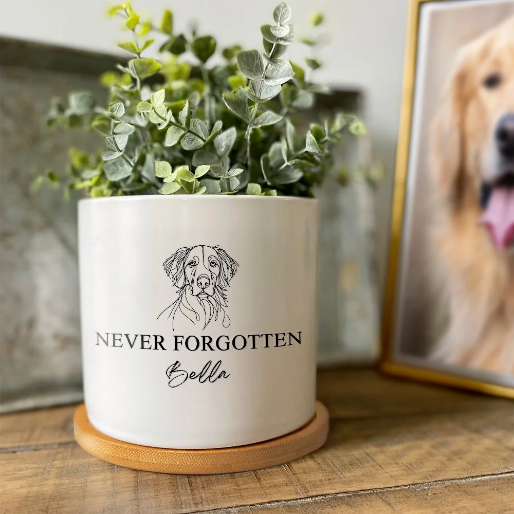 Dog Cat Pet Line Design Ceramic Succulent Planter Pot with Name and Bamboo Tray Loss of Pet Memorial Gift for Pet Owner