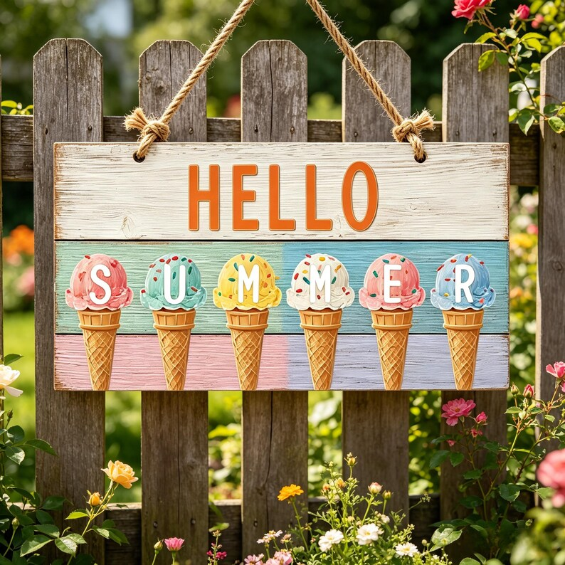 🍧 Hello Summer! 🌞 Ice Cream & Beach Hanging Sign 🏖️