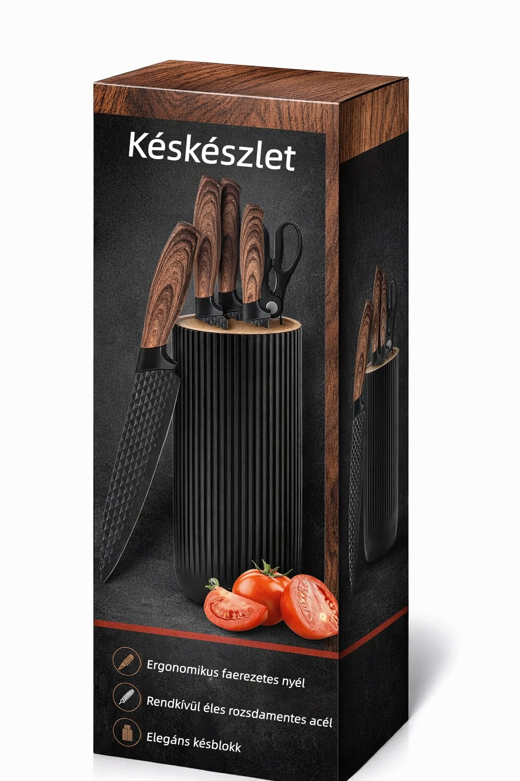 6 részes fekete konyhakés készlet tapadásmentes pengékkel és univerzális késtartóval 💎