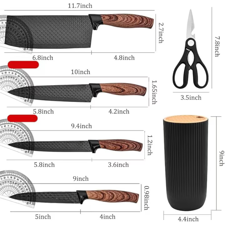 6 részes fekete konyhakés készlet tapadásmentes pengékkel és univerzális késtartóval 💎