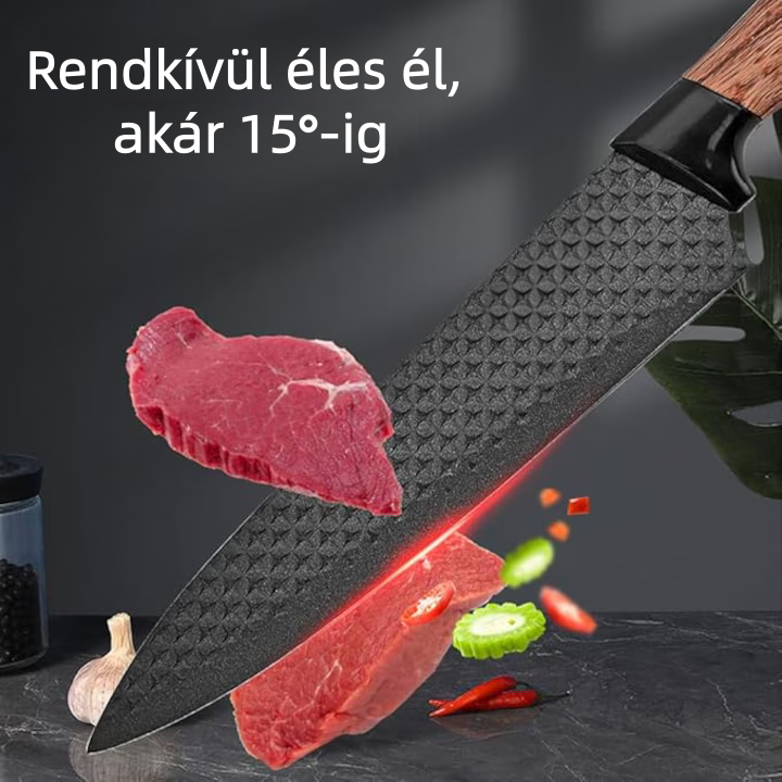6 részes fekete konyhakés készlet tapadásmentes pengékkel és univerzális késtartóval 💎