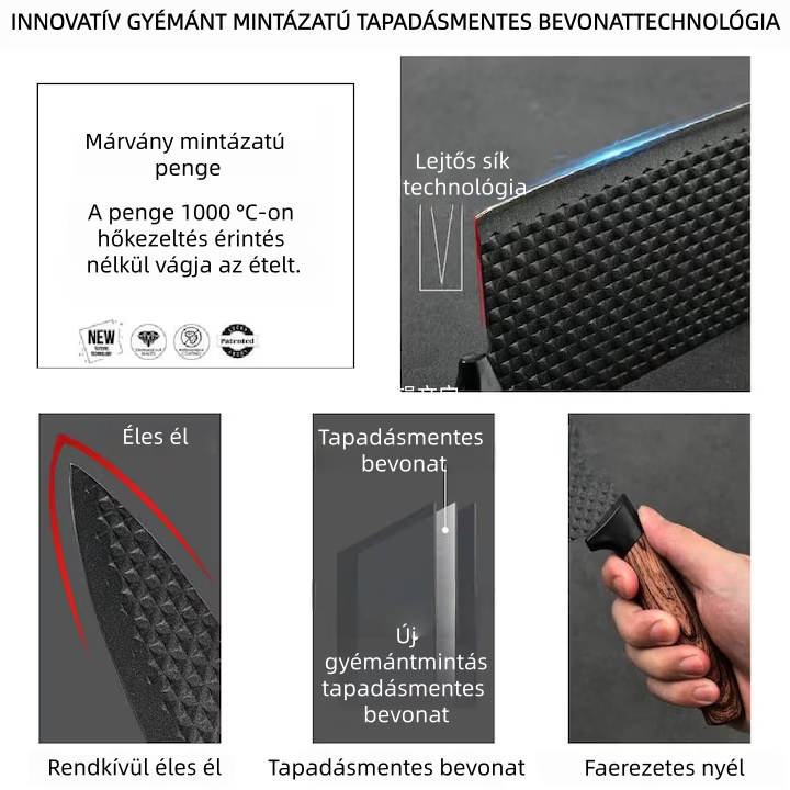 6 részes fekete konyhakés készlet tapadásmentes pengékkel és univerzális késtartóval 💎