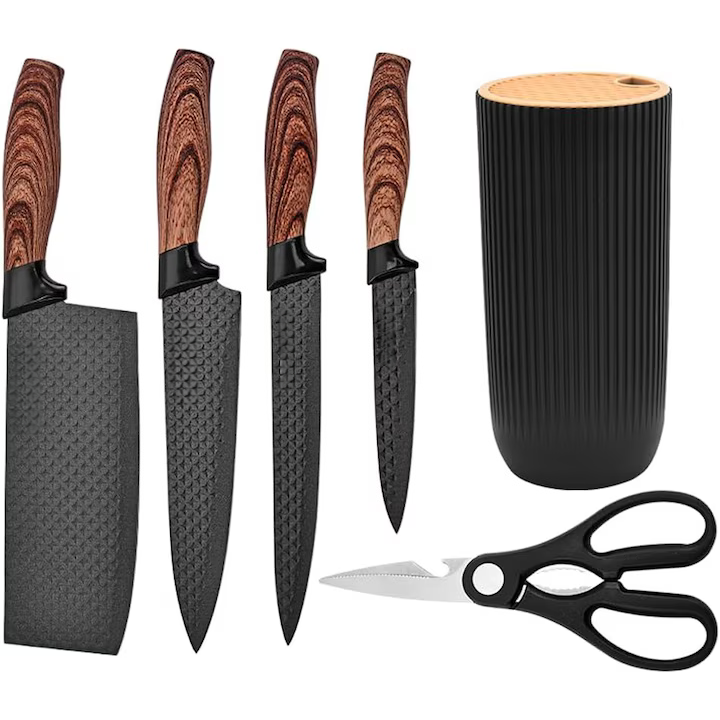 6 részes fekete konyhakés készlet tapadásmentes pengékkel és univerzális késtartóval 💎
