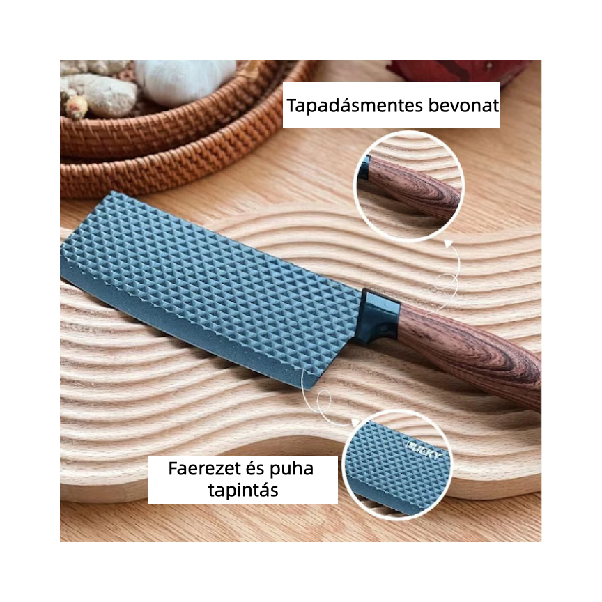 6 részes fekete konyhakés készlet tapadásmentes pengékkel és univerzális késtartóval 💎