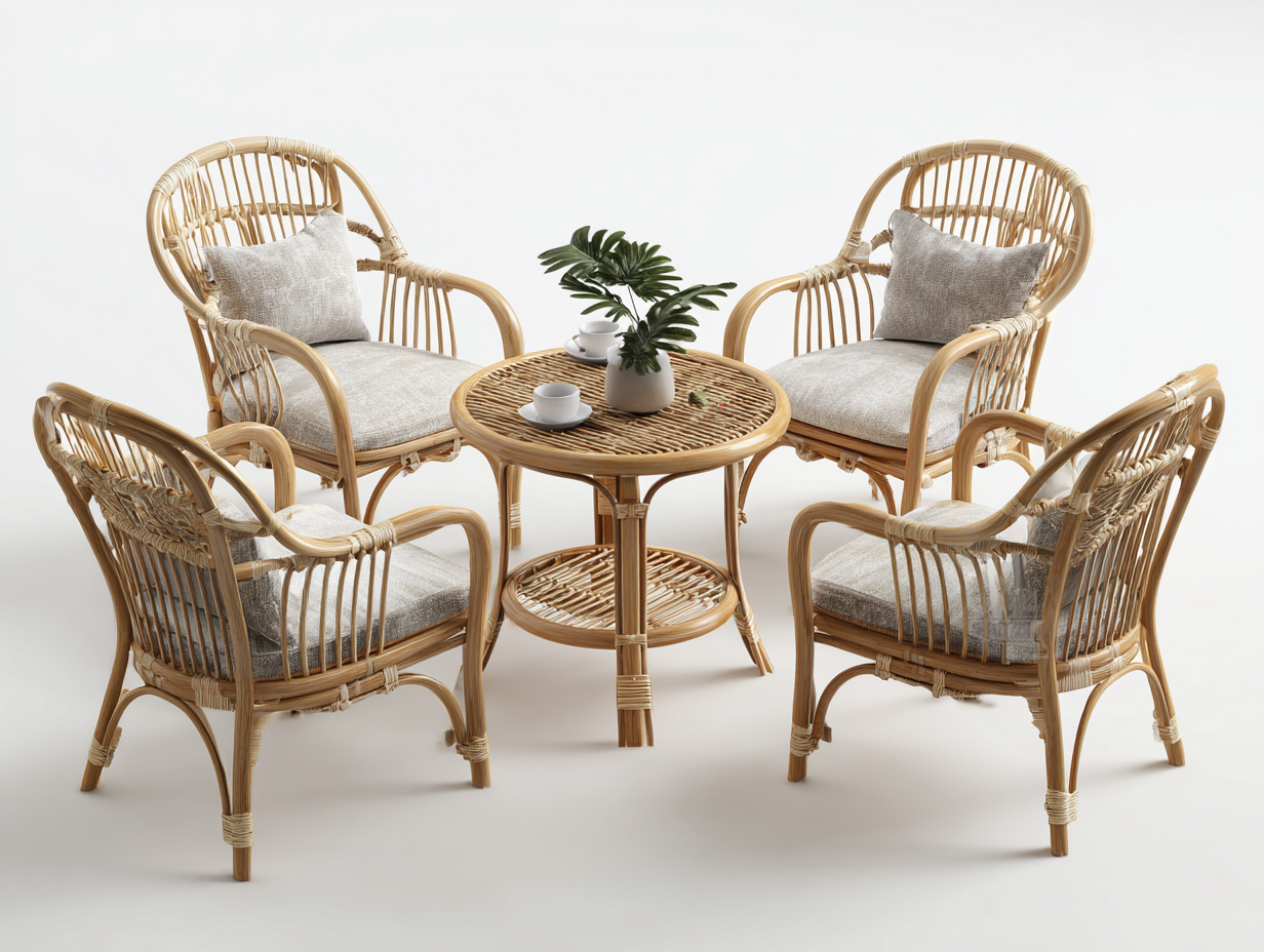 Garten Essgruppe - Rattan - Tisch 80x80x75 cm - Stuhl 60x63x88 cm - Naturfarbe - Balkon Terrasse Gartenmöbel Geflecht Design