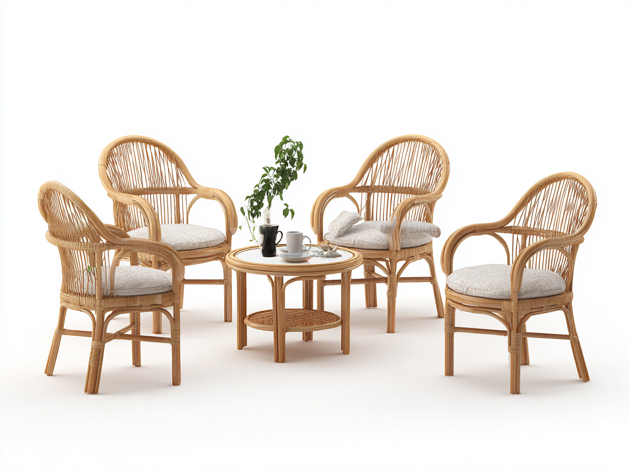 Garten Essgruppe - Rattan - Tisch 80x80x72 cm - Stuhl 61x64x89 cm - Naturfarbe - Balkon Terrasse Gartenmöbel Geflecht Design