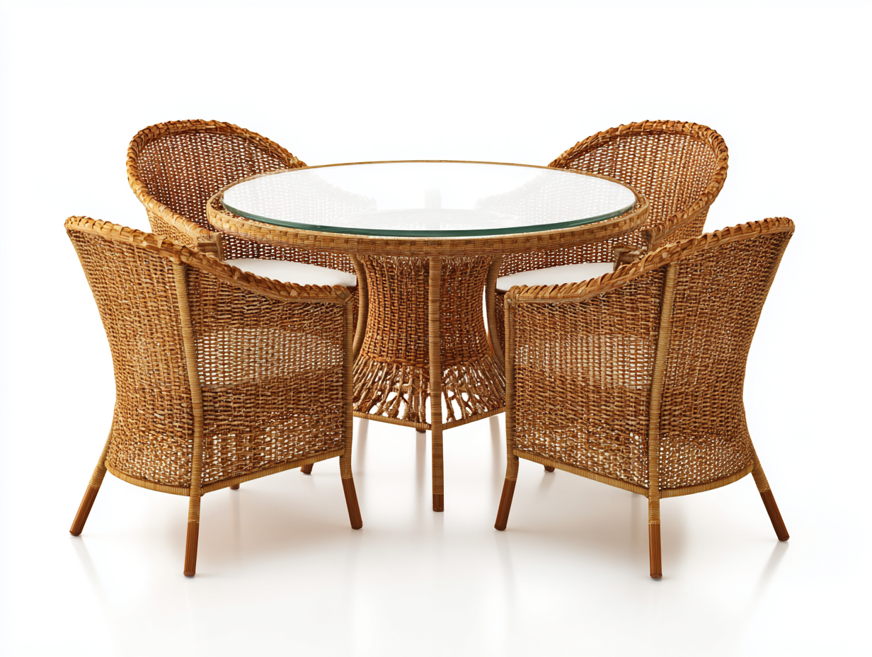 Garten Essgruppe - Rattan - Tisch 100x100x75 cm - Stuhl 58x60x82 cm - Naturfarbe - Balkon Terrasse Gartenmöbel Geflecht Design