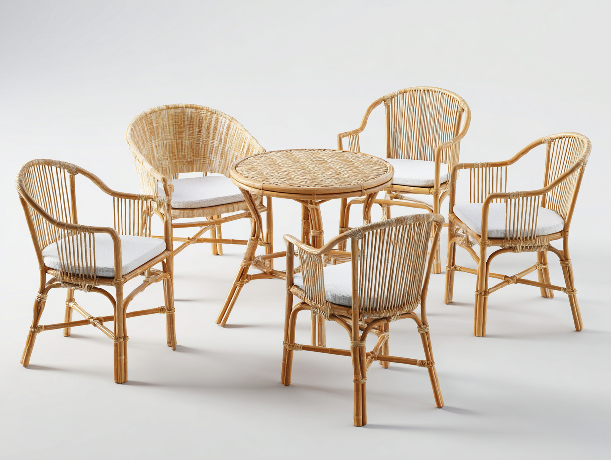 Garten Essgruppe - Rattan - Tisch 90x90x75 cm - Stuhl 58x62x86 cm - Naturfarbe - Balkon Terrasse Gartenmöbel Geflecht Design