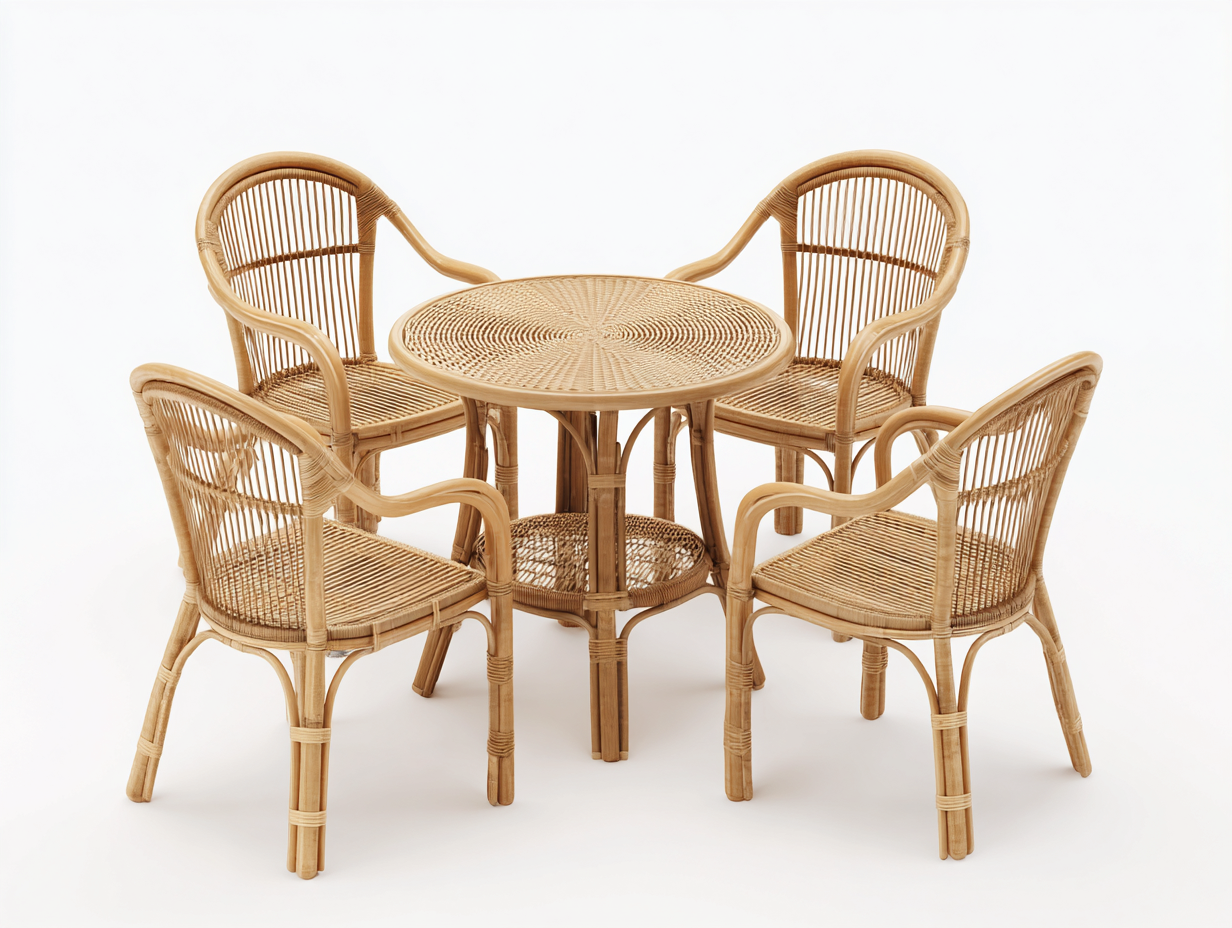 Garten Essgruppe - Rattan - Tisch 90x90x75 cm - Stuhl 60x64x88 cm - Naturfarbe - Balkon Terrasse Gartenmöbel Geflecht Design