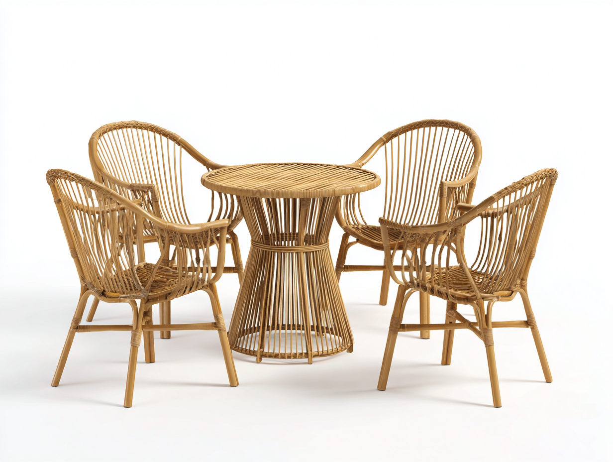 Garten Essgruppe - Rattan - Tisch 85x85x74 cm - Stuhl 59x62x87 cm - Naturfarbe - Balkon Terrasse Gartenmöbel Geflecht Design