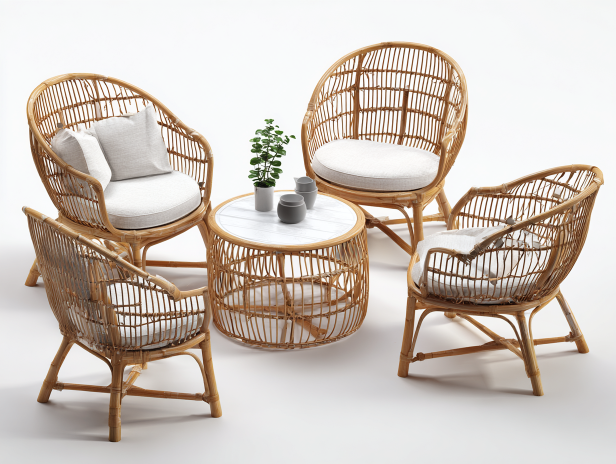 Garten Essgruppe - Rattan - Tisch 75x75x42 cm - Stuhl 70x72x82 cm - Naturfarbe - Balkon Terrasse Gartenmöbel Geflecht Design