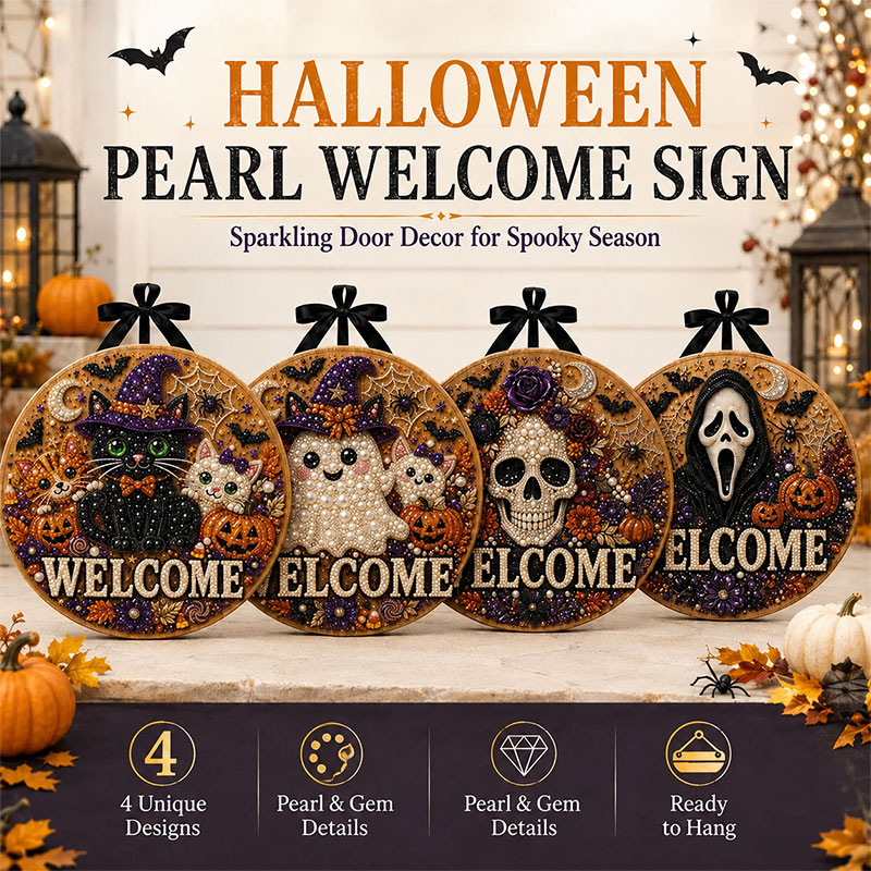  Save 65% Today🎉Halloween Pearl Welcome Sign – Sparkling Cat & Pumpkin Door Porch Decor ✨