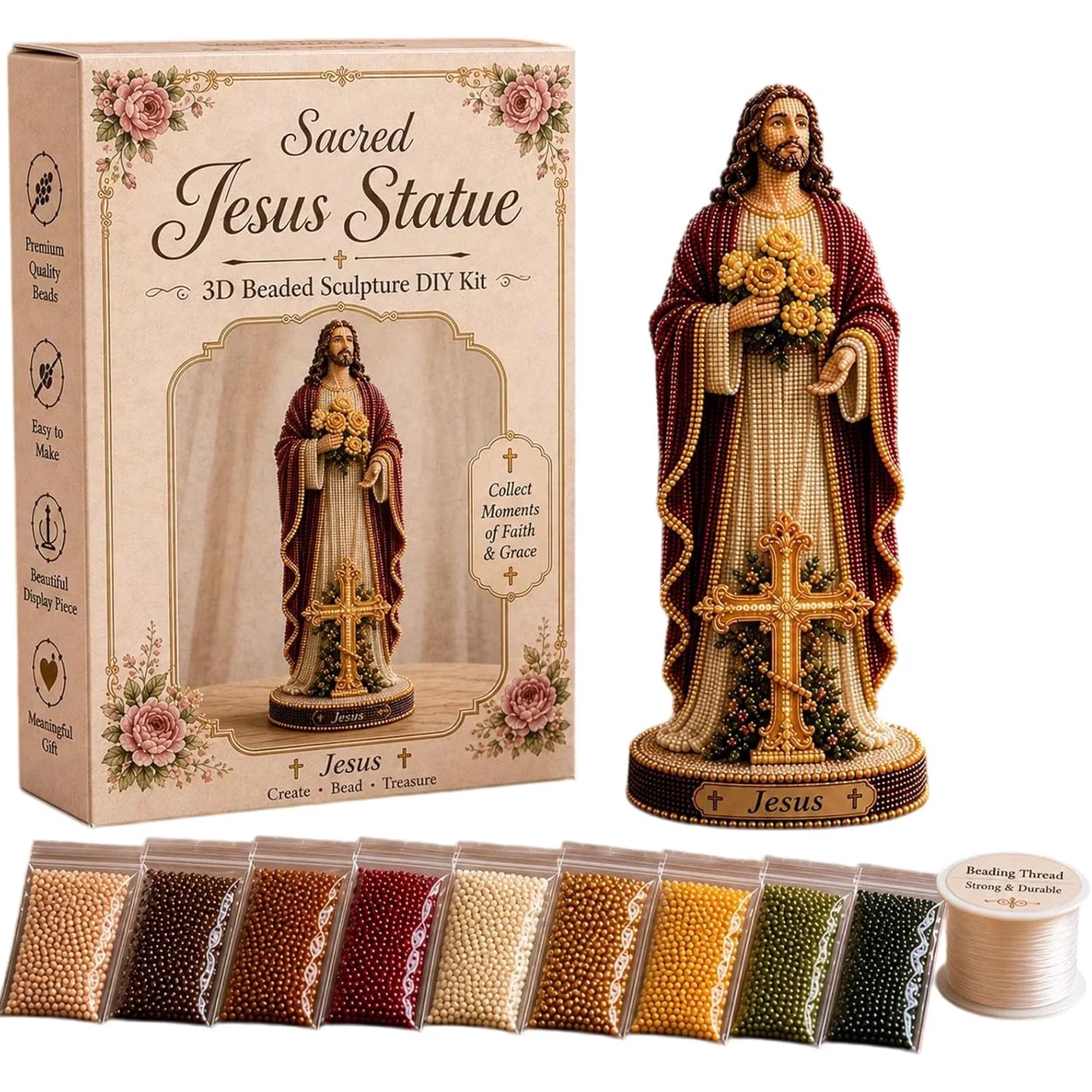 🌹HUGE 70% OFF SALE– Vintage Blessed Virgin Mary 3D Beaded DIY Kit ✨ Handmade Faith Display Statue