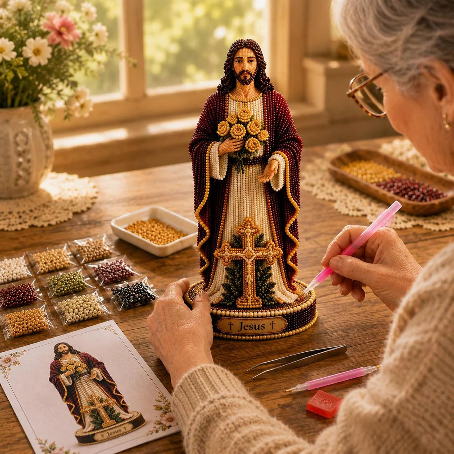 🌹HUGE 70% OFF SALE– Vintage Blessed Virgin Mary 3D Beaded DIY Kit ✨ Handmade Faith Display Statue