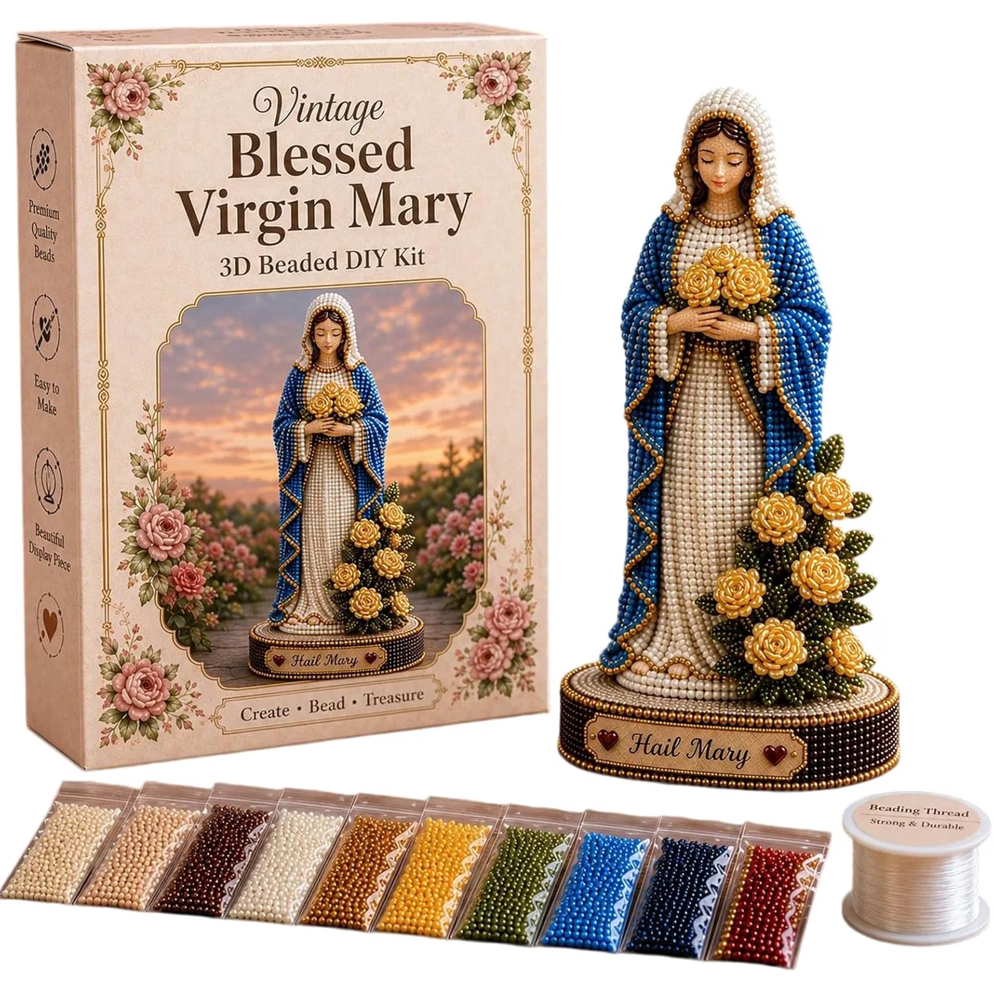 🌹HUGE 70% OFF SALE– Vintage Blessed Virgin Mary 3D Beaded DIY Kit ✨ Handmade Faith Display Statue