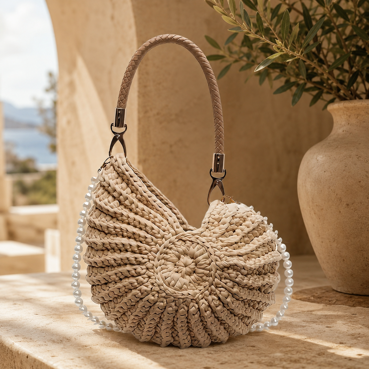 Handwoven Shell Tote Bag with Chain Strap