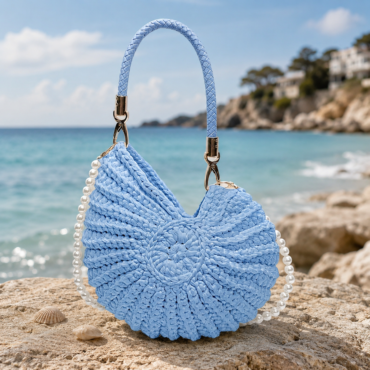 Handwoven Shell Tote Bag with Chain Strap