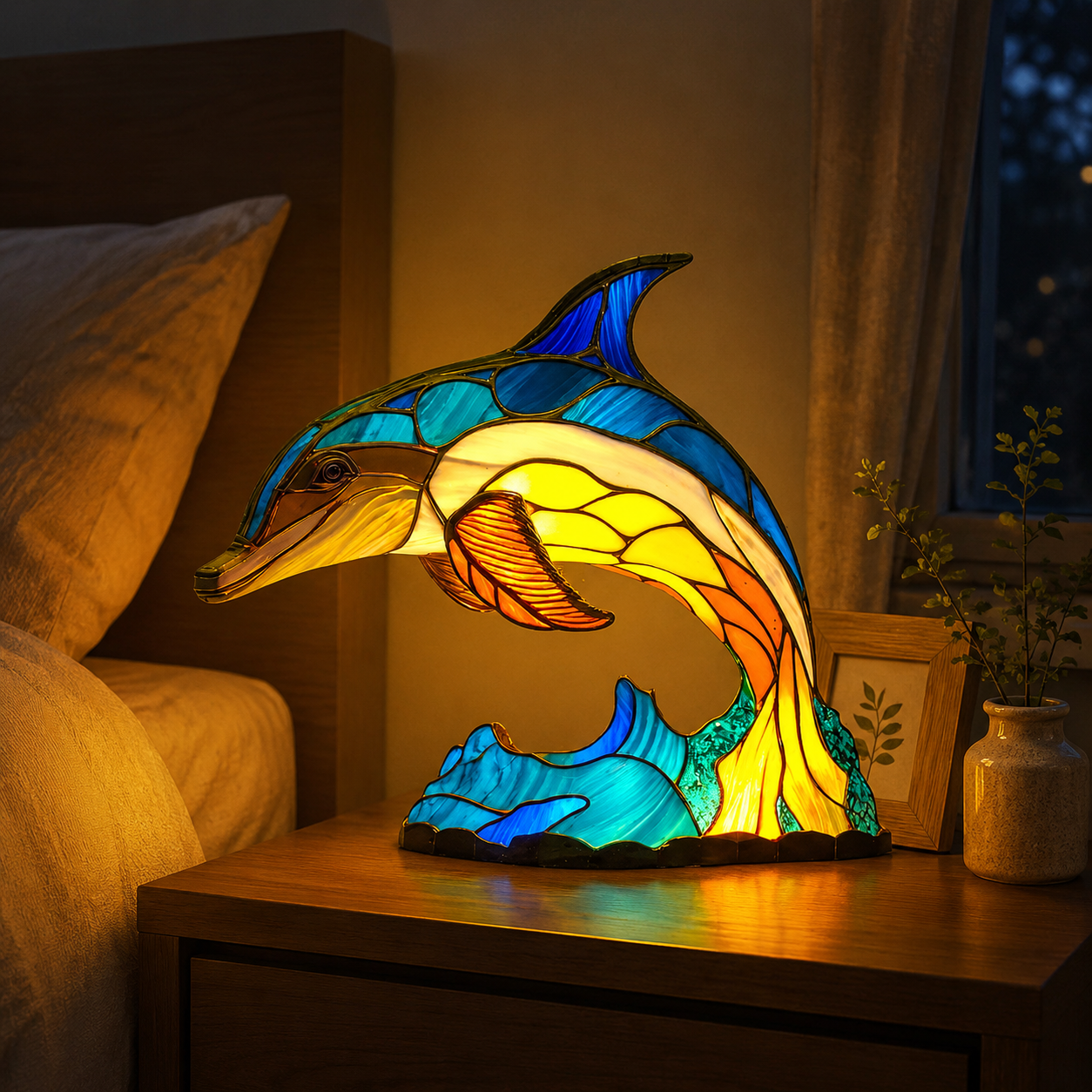 Whimsical Leaping Dolphin Lamp – Vibrant Tiffany Style Stained Glass Ocean Lighting