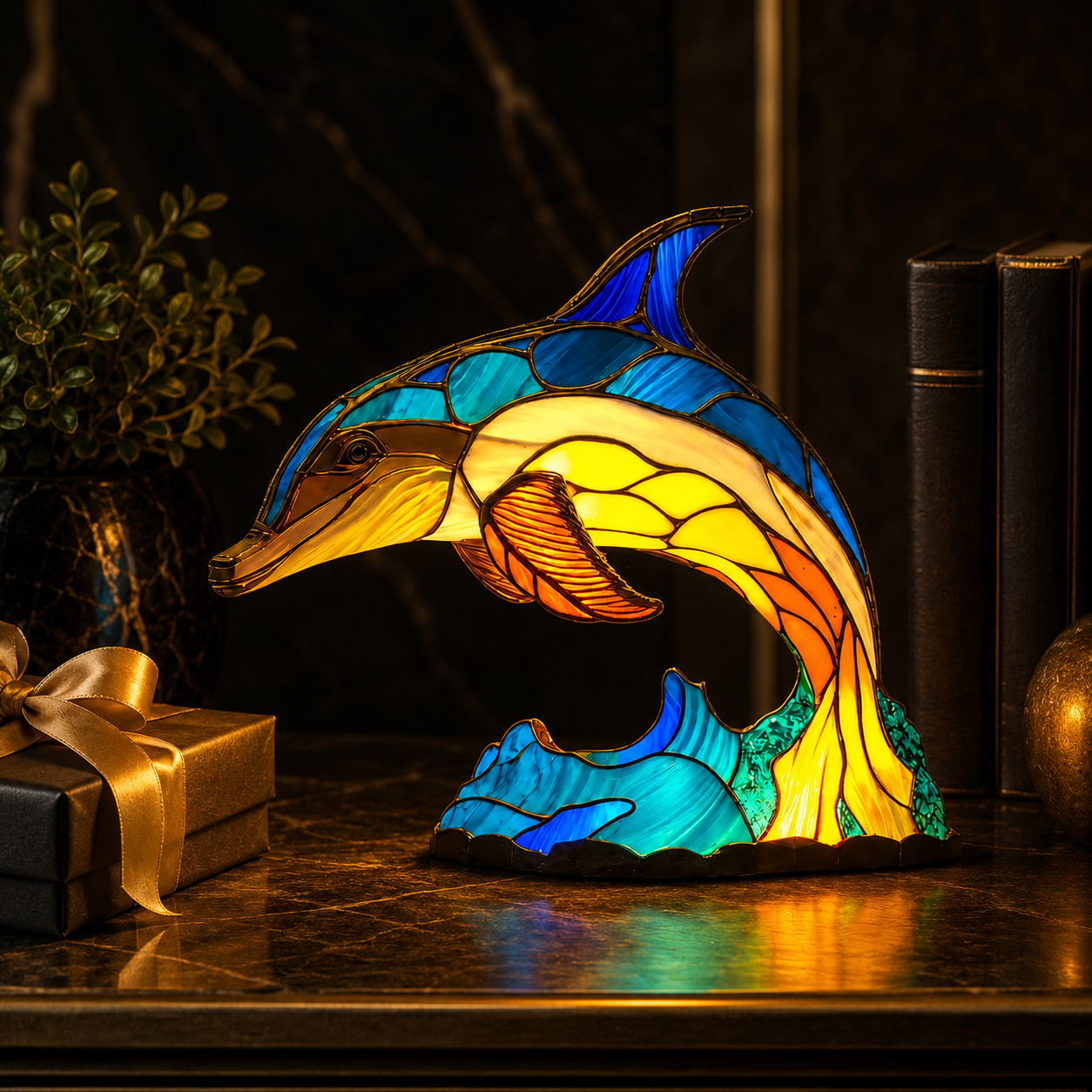 Whimsical Leaping Dolphin Lamp – Vibrant Tiffany Style Stained Glass Ocean Lighting