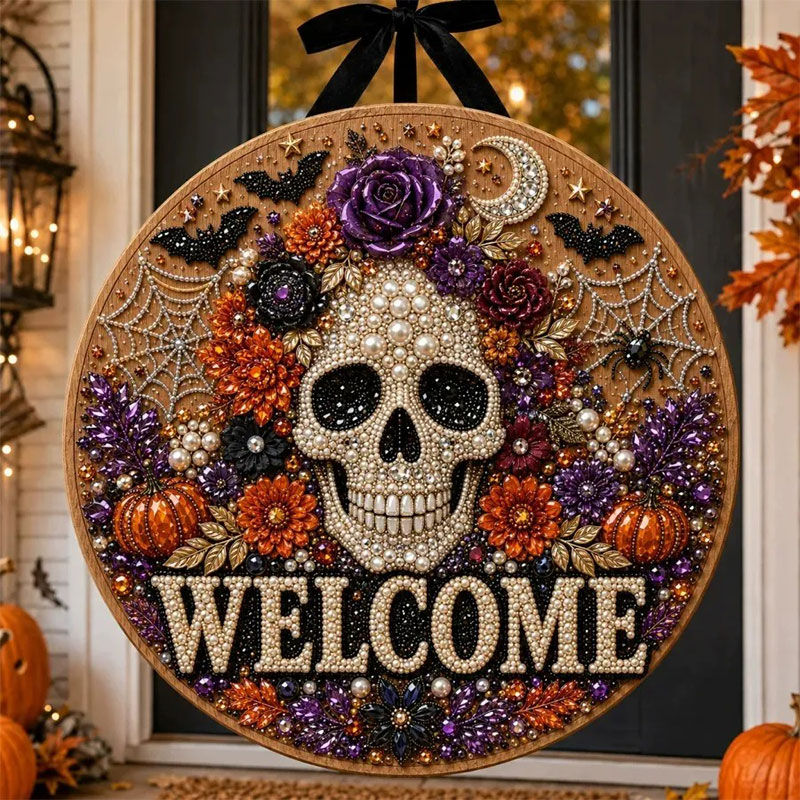  Save 65% Today🎉Halloween Pearl Welcome Sign – Sparkling Cat & Pumpkin Door Porch Decor ✨