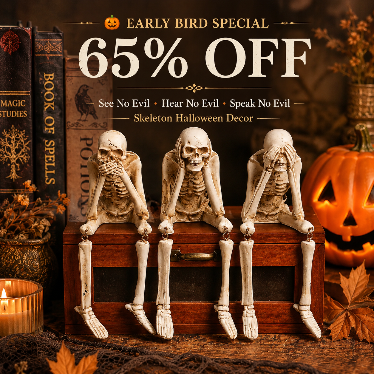 🎃 Halloween Early Bird Deal – 65% OFF | 3-Piece See, Hear & Speak No Evil Skeleton Figurine Set 💀