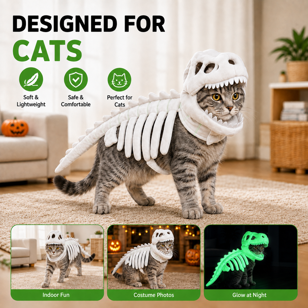 🎃 65% OFF– Dinosaur Skeleton Pet Costume for Cats  | Funny Soft Halloween Outfit 🐾