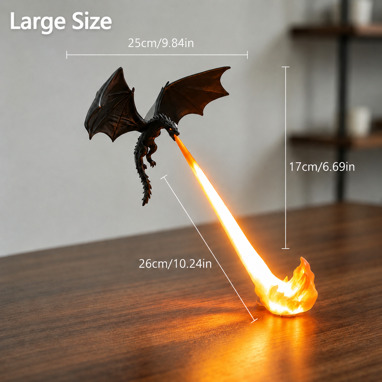 Large dragon breath flame night light dimensions: 25 cm wide, 17 cm high and 26 cm overall