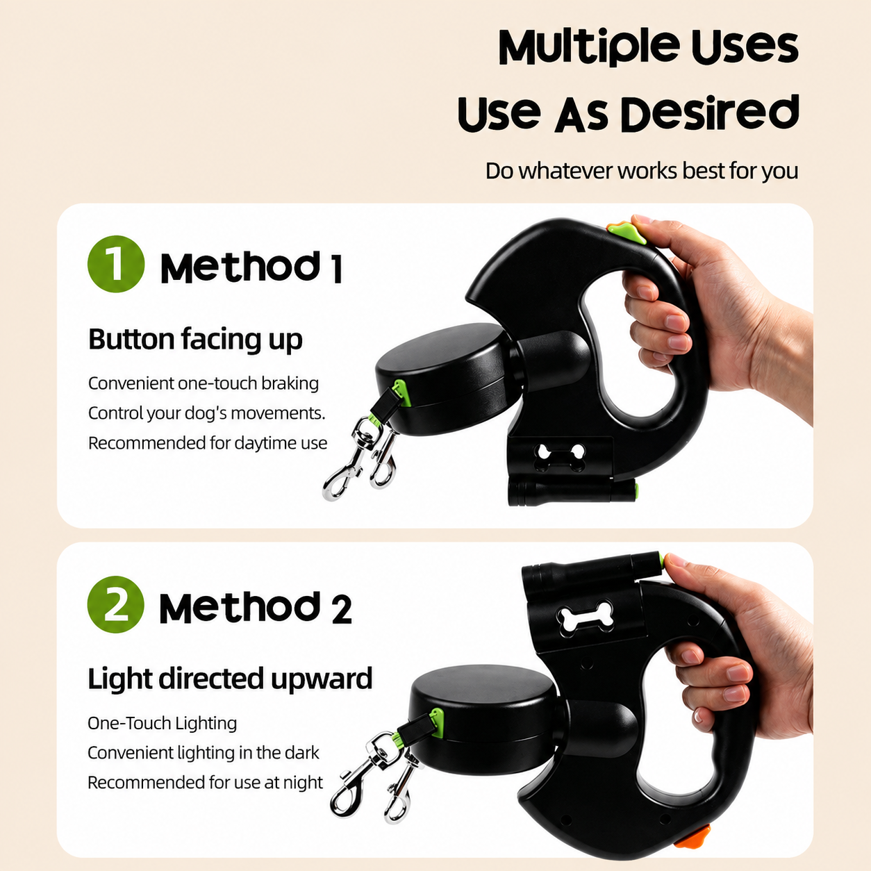 Two comfortable ways to hold the dual retractable dog leash