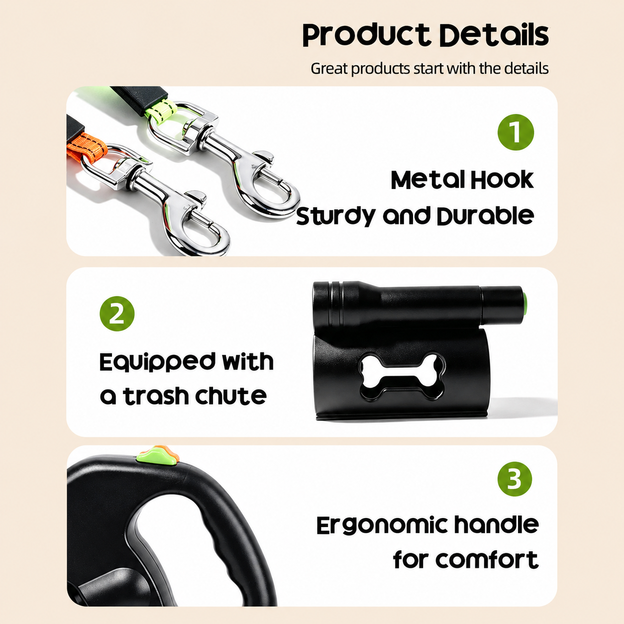 Metal hooks bag dispenser mount and ergonomic handle details
