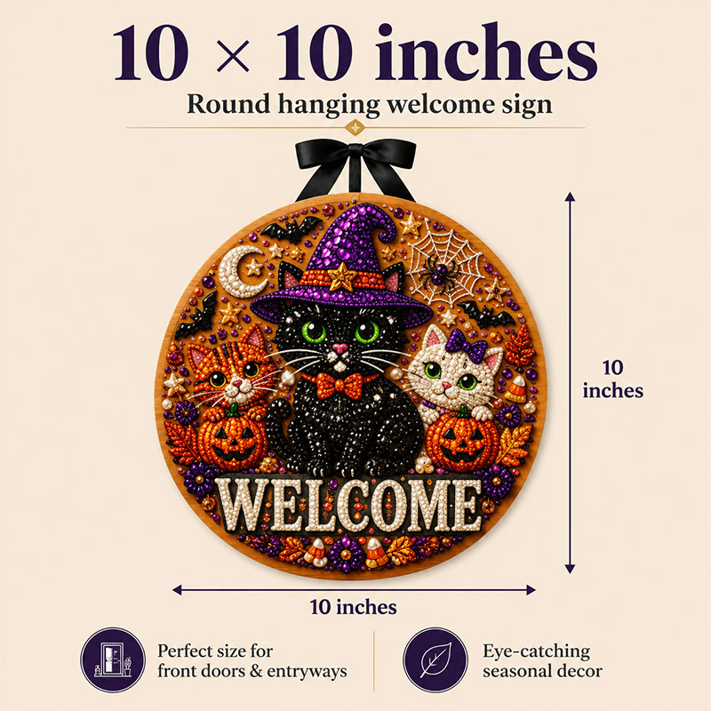  Save 65% Today🎉Halloween Pearl Welcome Sign – Sparkling Cat & Pumpkin Door Porch Decor ✨