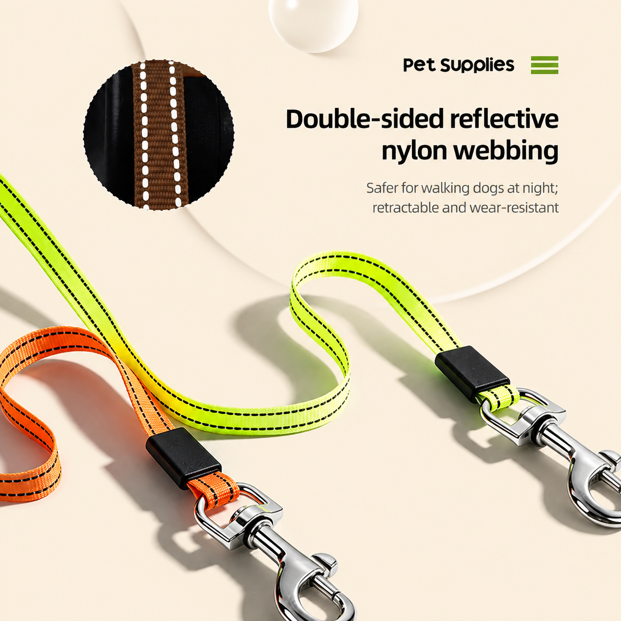 Double-sided reflective green and orange nylon dog leash webbing