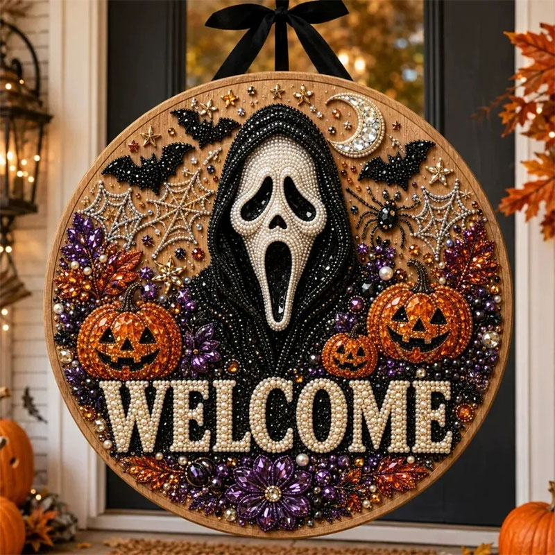  Save 65% Today🎉Halloween Pearl Welcome Sign – Sparkling Cat & Pumpkin Door Porch Decor ✨