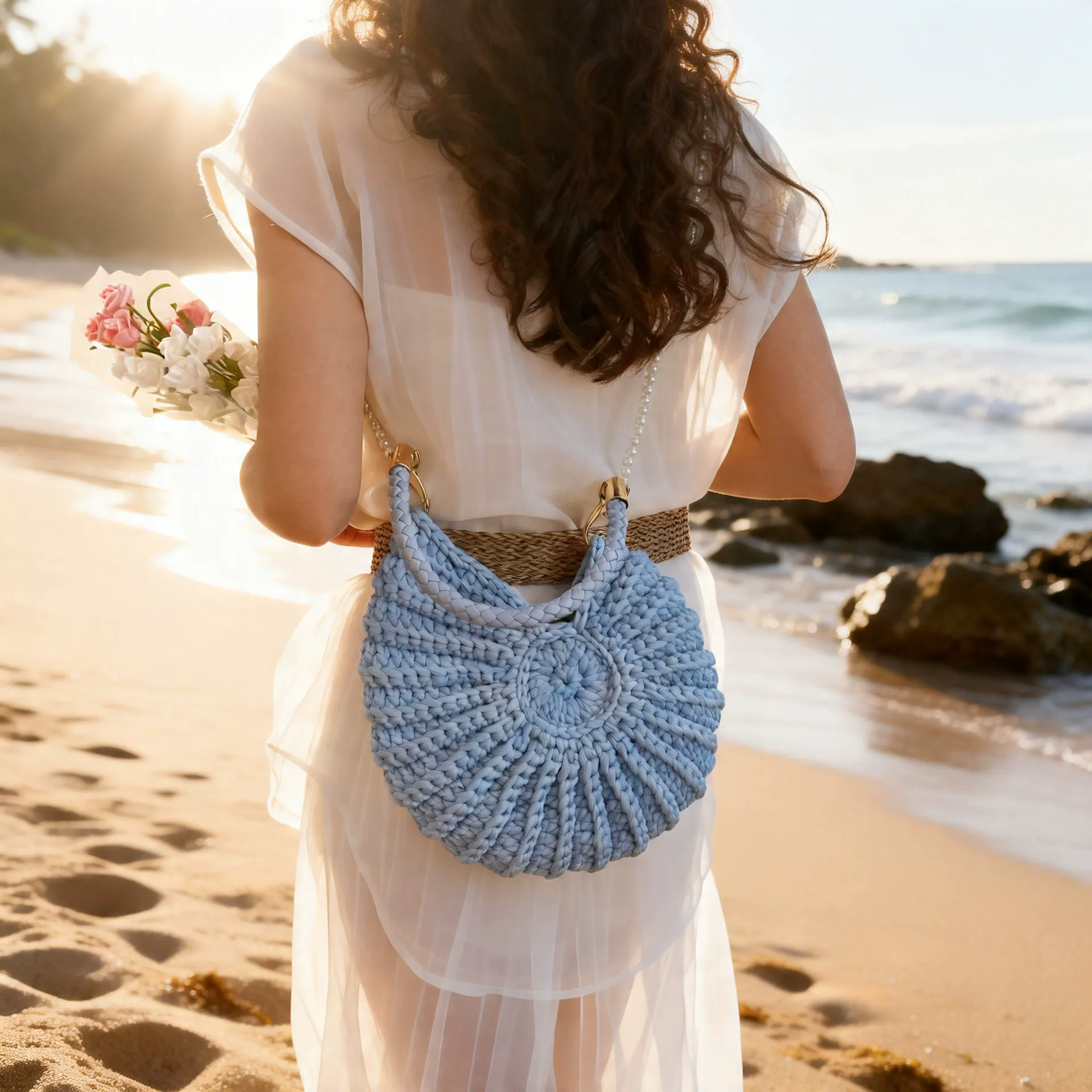 Handwoven Shell Tote Bag with Chain Strap