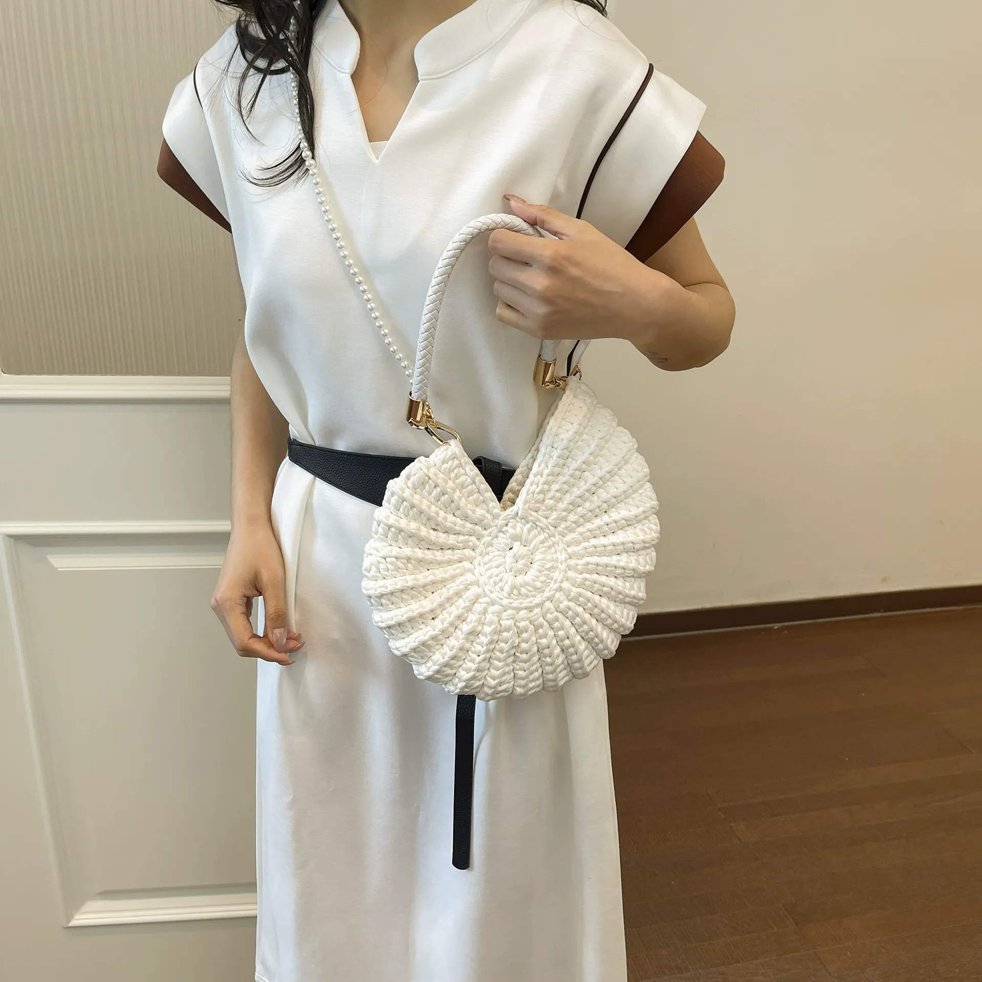 Handwoven Shell Tote Bag with Chain Strap