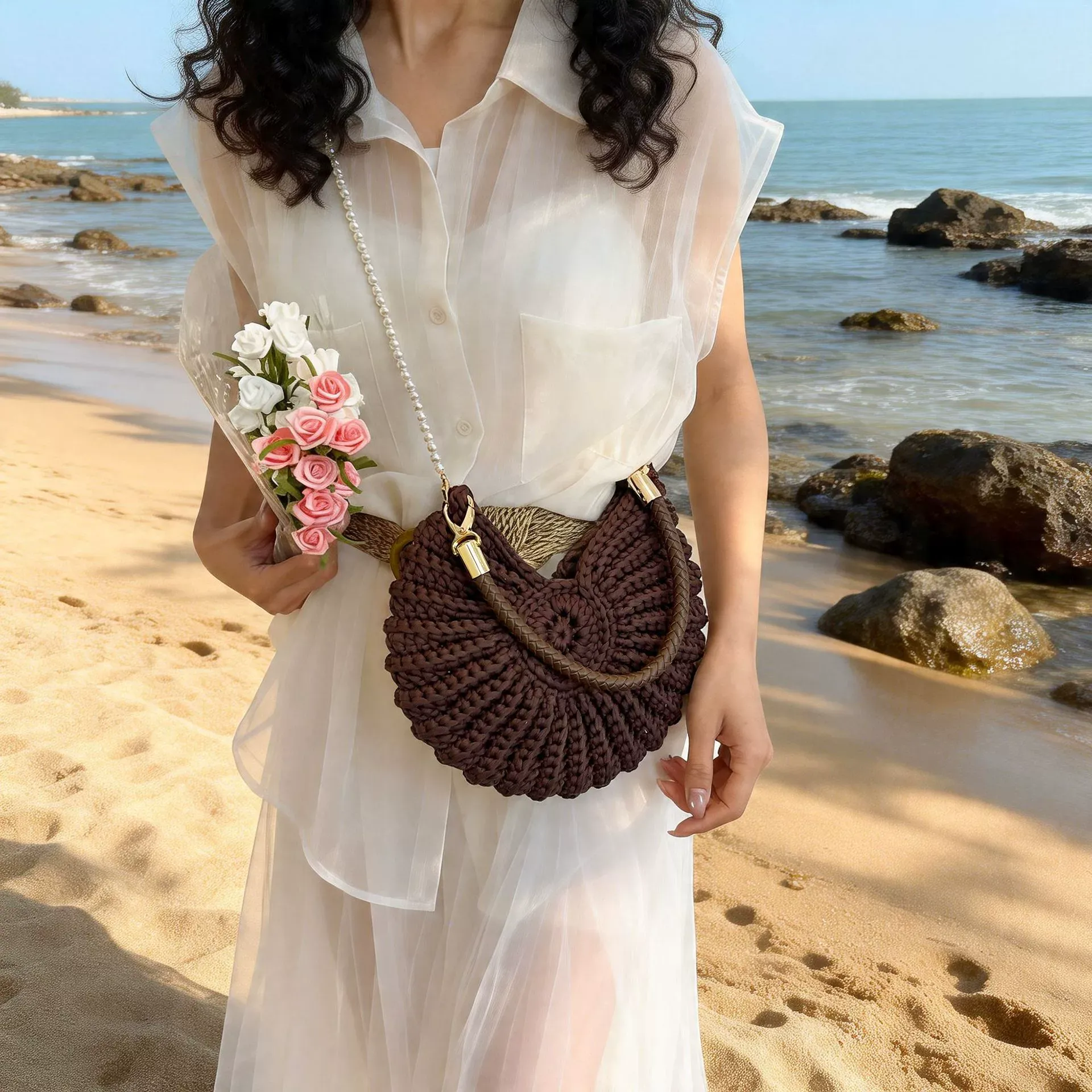 Handwoven Shell Tote Bag with Chain Strap
