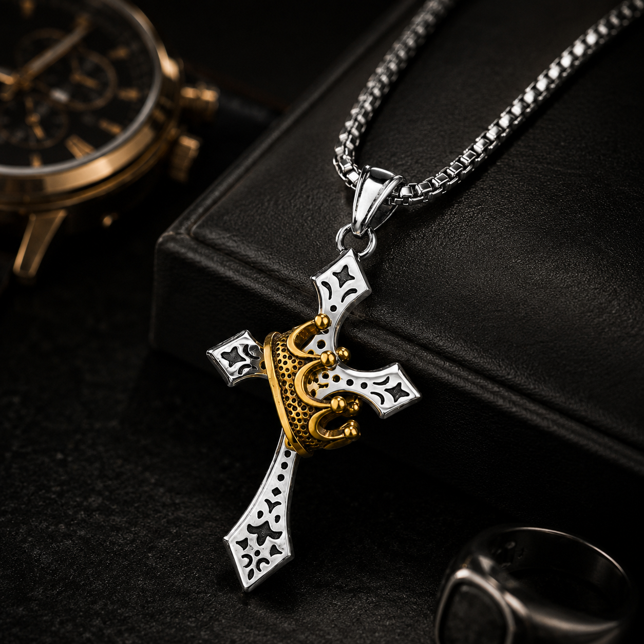 Last day 70% OFF🔥 Crown Cross Pendant Necklace for Men – Stainless Steel Christian Jewelry