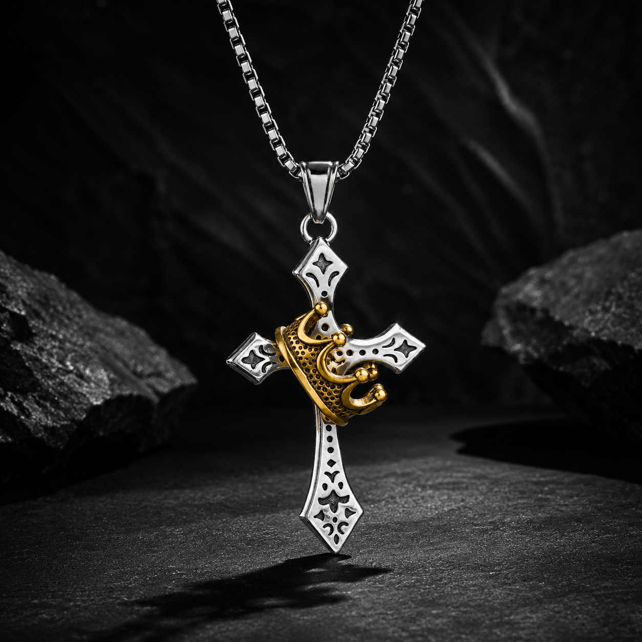 Last day 70% OFF🔥 Crown Cross Pendant Necklace for Men – Stainless Steel Christian Jewelry