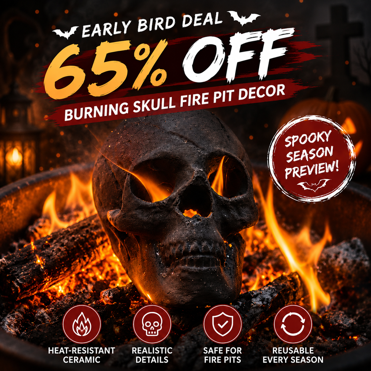 💀 Halloween Early Bird 65% OFF | Burning Skull Fire Pit Decor 🔥