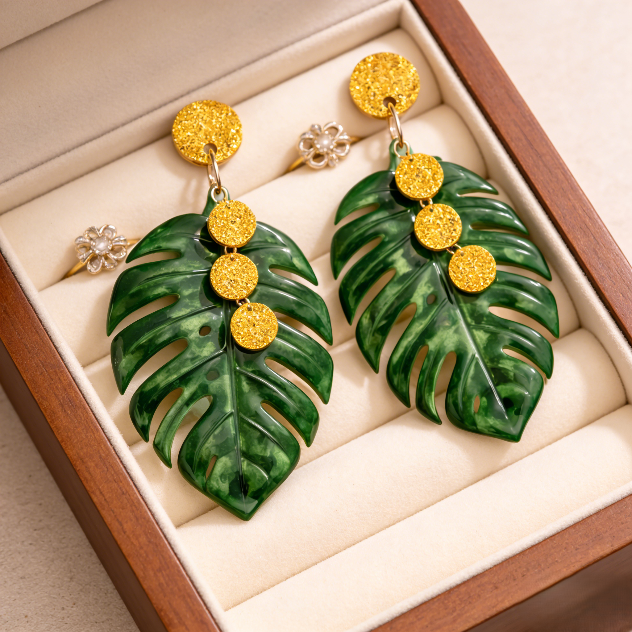Monstera and Shiny Yellow Dangle Earrings