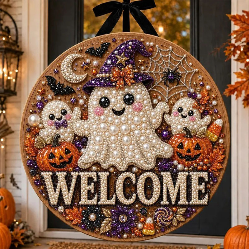  Save 65% Today🎉Halloween Pearl Welcome Sign – Sparkling Cat & Pumpkin Door Porch Decor ✨