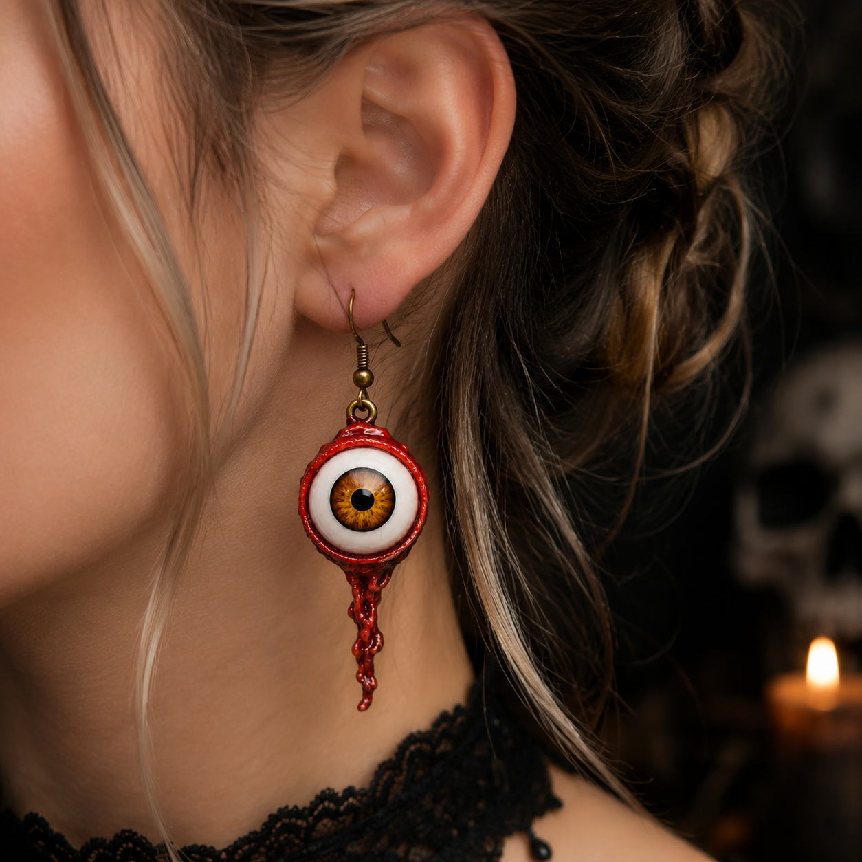 Realistic iris details on gothic earrings