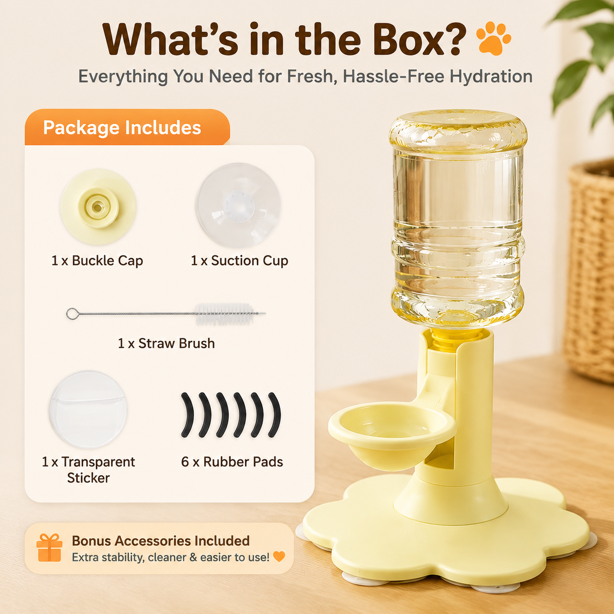 Gravity cat water dispenser package contents and bonus accessories