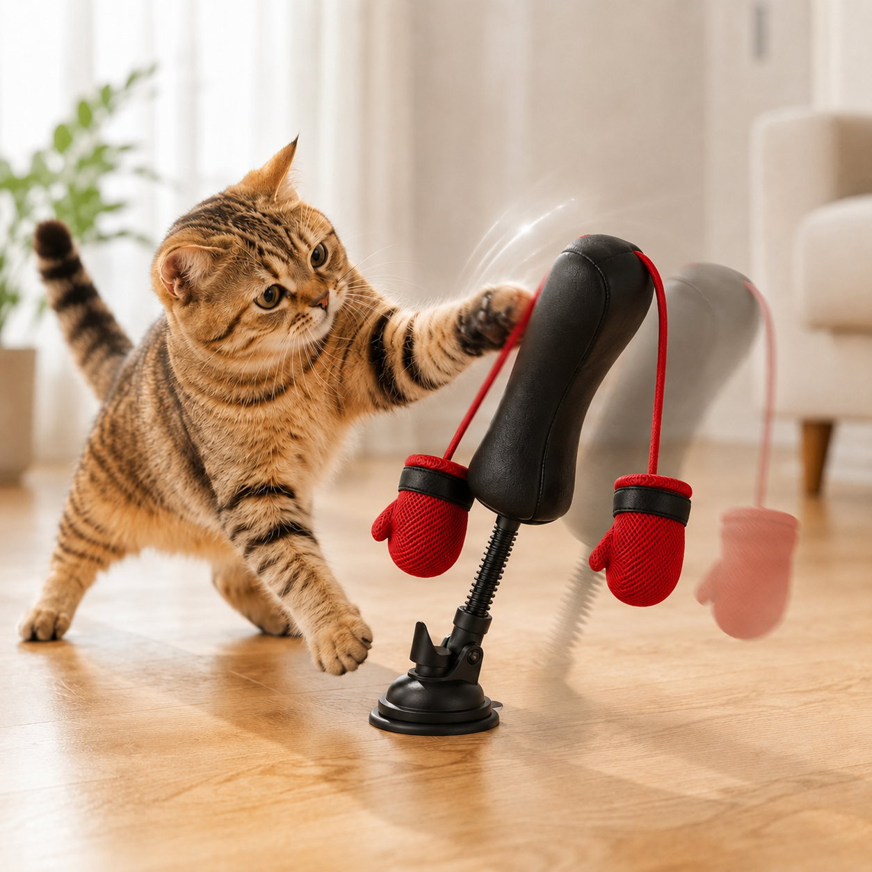 Cat swatting the spring-mounted boxing toy