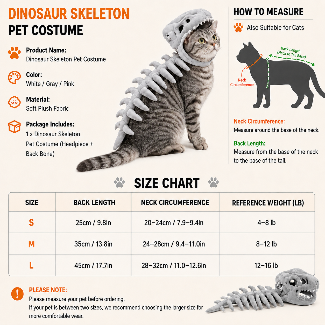 🎃 65% OFF – Glow-in-the-Dark Dinosaur Skeleton Pet Costume for Cats | Funny Soft Halloween Outfit ✨🐾