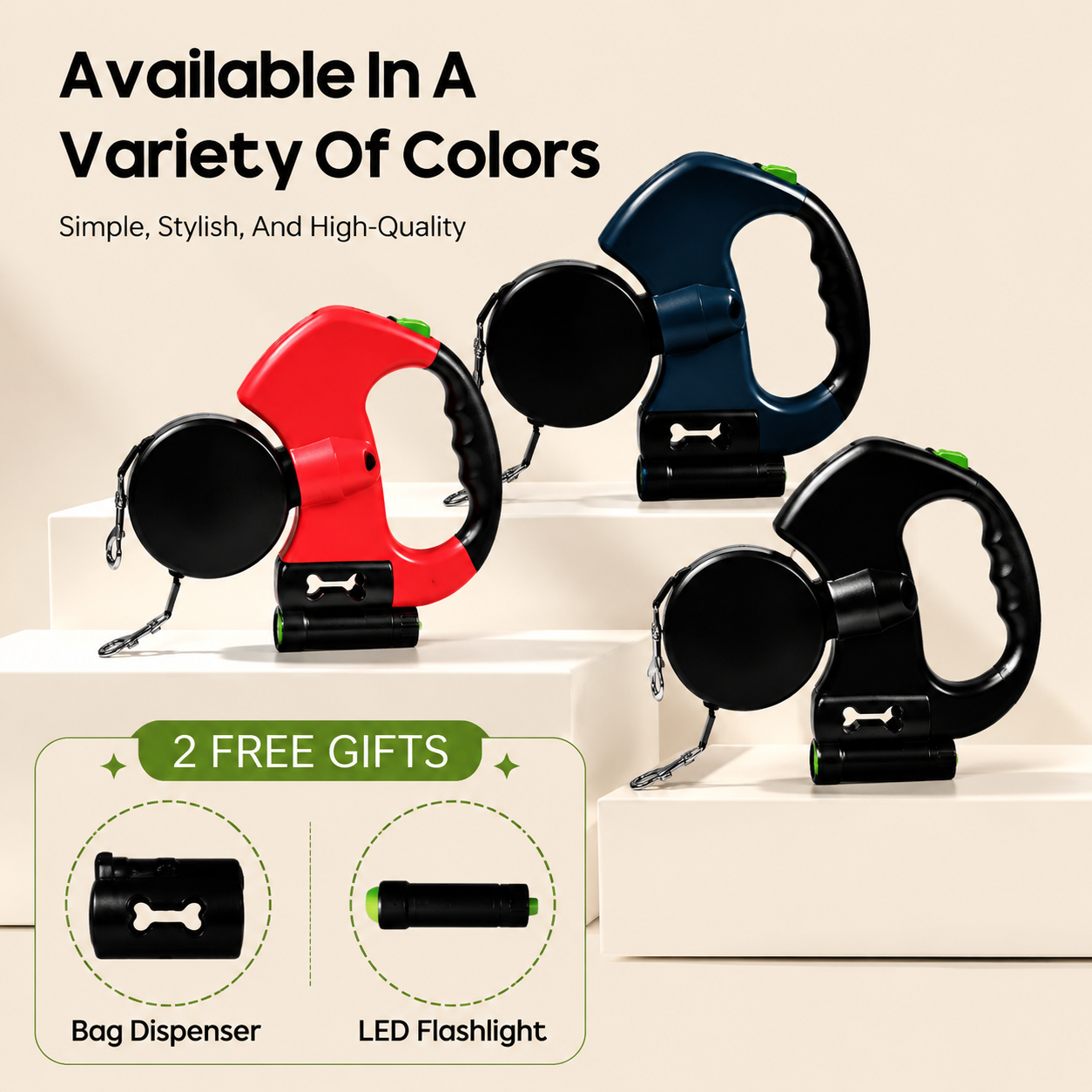 Red blue and black dual dog leashes with bag dispenser and LED flashlight