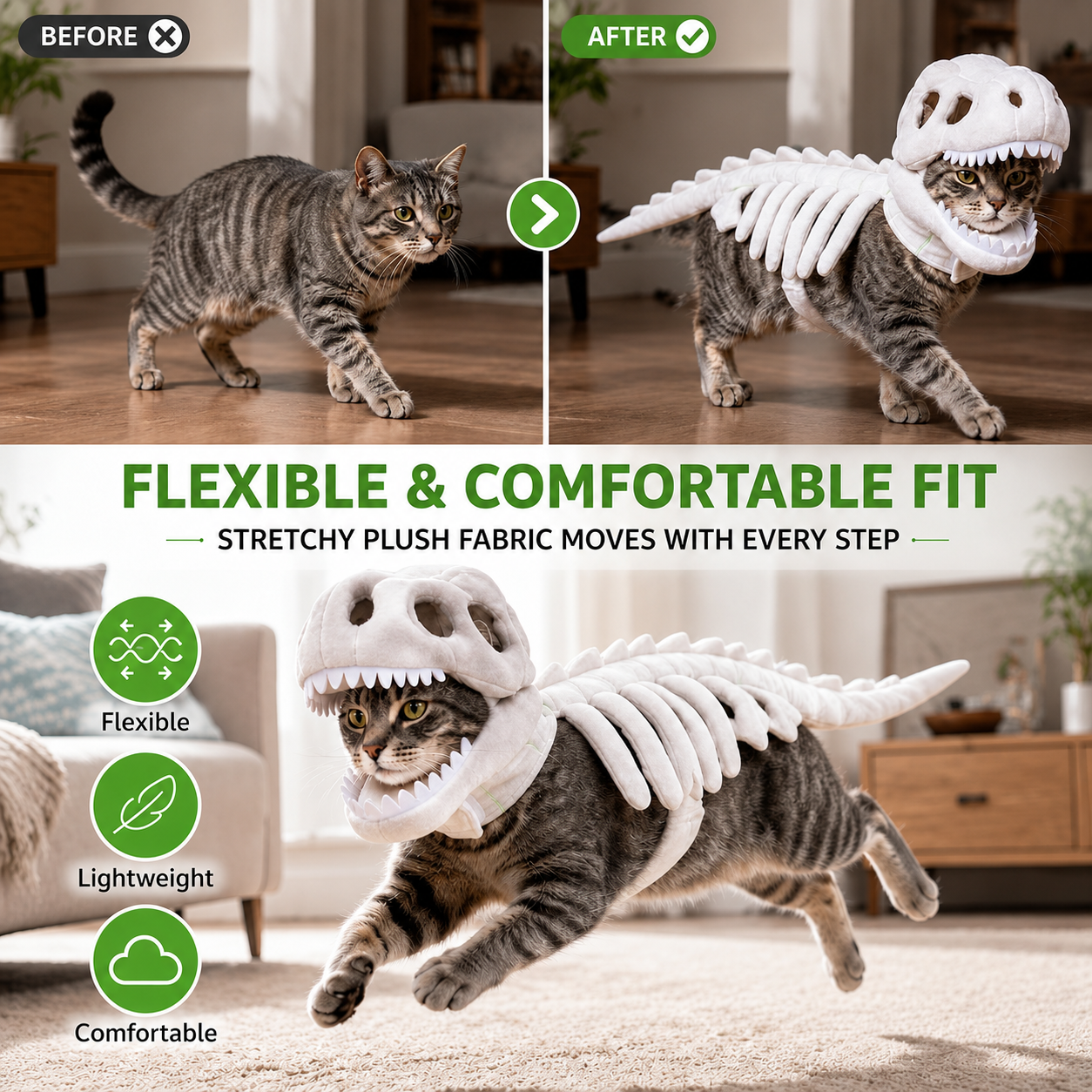 🎃 65% OFF– Dinosaur Skeleton Pet Costume for Cats & Dogs | Funny Soft Halloween Outfit 🦴🐾
