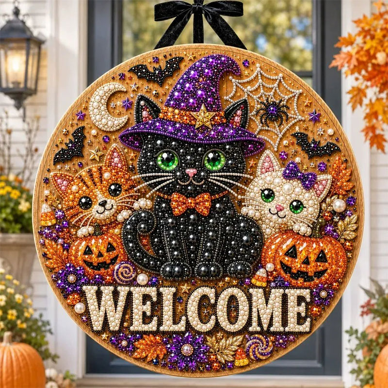  Save 65% Today🎉Halloween Pearl Welcome Sign – Sparkling Cat & Pumpkin Door Porch Decor ✨