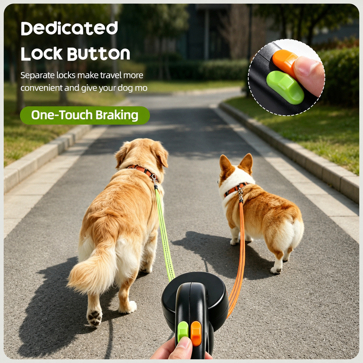 Independent green and orange lock buttons for two dogs
